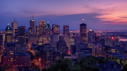 city skyline at dusk, with buildings illuminated by artificial lights in various shades of warm...