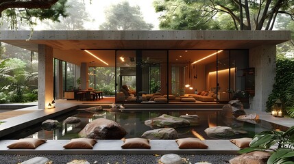 Tranquil and Harmonious Modern Interior with Seamless Outdoor and Natural Elements