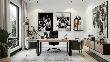 modern home office with two black and white animal posters on the wall, a modern light wood desk in...