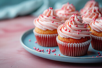 Plate of pink frosted cupcakes with sprinkles, perfect for birthday parties and celebrations.