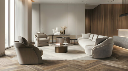 modern hotel room, wood floor with herringbone pattern in a light brown and grey color scheme, modern sofa with armchair and coffee tabl