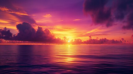 tropical sunset, where the sky transitions from warm oranges and pinks near the horizon to deep purples and blues overhead, creating a breathtaking display of color gradients.