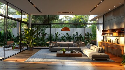 Fototapeta premium Elegant and Inviting Scandinavian Inspired Modern Living Room Interior with Lush Greenery