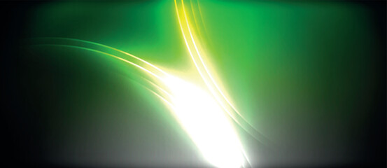 Naklejka premium A vibrant green and yellow light illuminates the black background, resembling the colors of an Aurora in the night sky. The contrast with the darkness creates a mesmerizing artistic effect