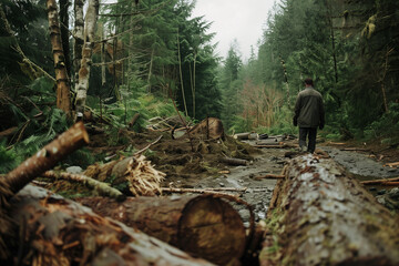 Solitary Figure Contemplating the Devastated Forest Landscape