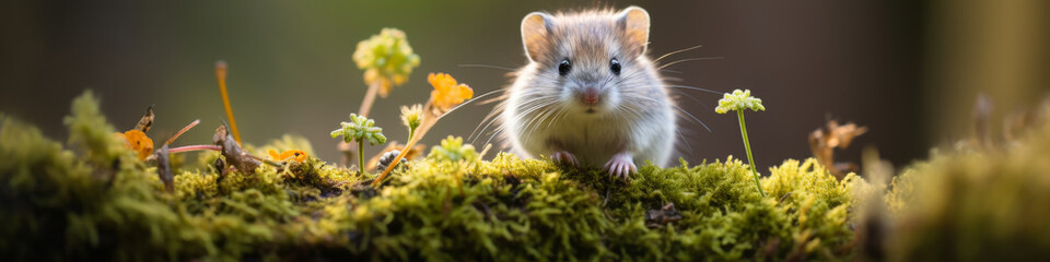 Tiny Mouse on Mossy Log in Verdant Woodland