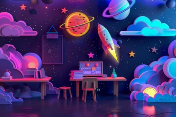 Neon style of a virtual classroom in space, depicted in paper cut styles, illustrating an interstellar approach to education, kawaii template sharpen with copy space