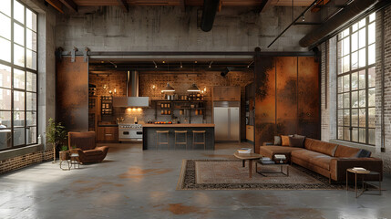 Industrial Loft Interior Design with Rustic and Modern Furnishings in Cozy Living Room Space