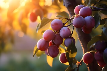 Close-up of purple plums on a tree at sunset