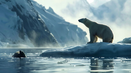 A polar bear patiently waiting at a seal's breathing hole, poised to strike at the opportune moment.