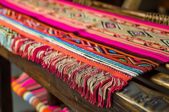 A Peruvian pollera skirt displayed on a traditional Andean loom, showcasing its vibrant colors and intricate handwoven motifs, Generative AI