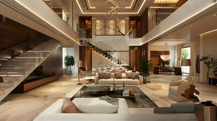 modern interior design, living room with high ceiling and staircase of an extremely luxury villa