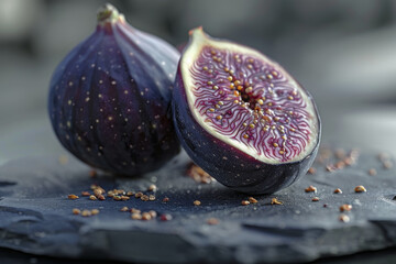 Fresh Figs Close Up on Slate with Dew and Seeds