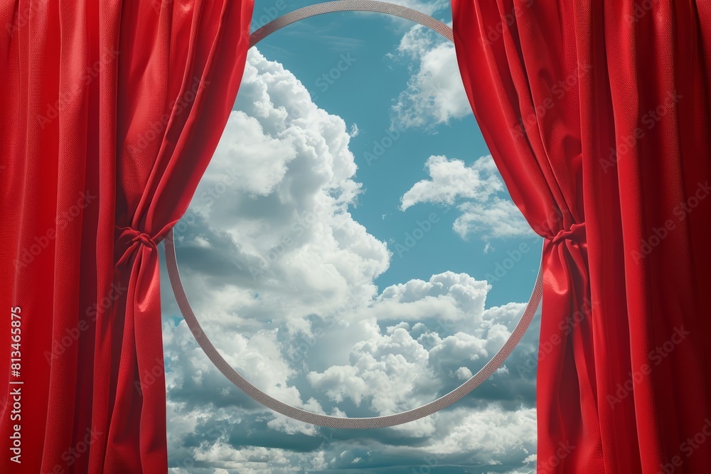 Poster red curtain and clouds flying in front of circle shapes make for a dramatic and imaginative backgrou
