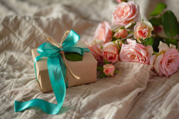 Elegant Gift Wrapped Box with Turquoise Ribbon and Pink Roses on Bed