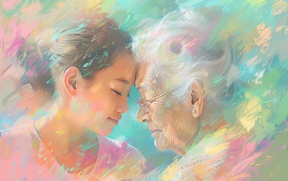 Craft a closeup image capturing the heartfelt moment of a granddaughter and grandmother embracing, radiating warmth and affection