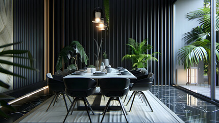 Modern interior design, the dining room has a black and white color scheme, with vertical slats on...