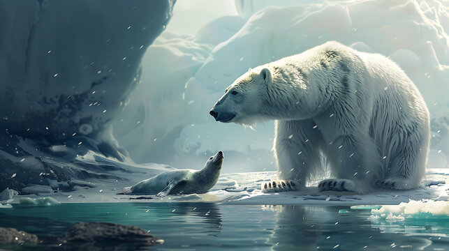A polar bear patiently waiting at a seal's breathing hole, poised to strike at the opportune moment.