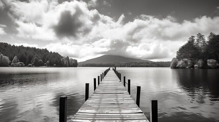 Fototapeta premium Jetty on a lake in black and white wallpaper background 