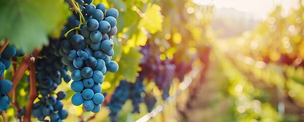 Close-up of blue grape cluster hanging on blurred Row of vineyards background. Grape farm....