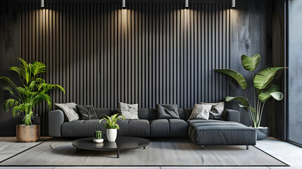 Modern interior design with vertical slats on the wall, living room in an apartment, black coffee table and sofa, gray walls, plant stands