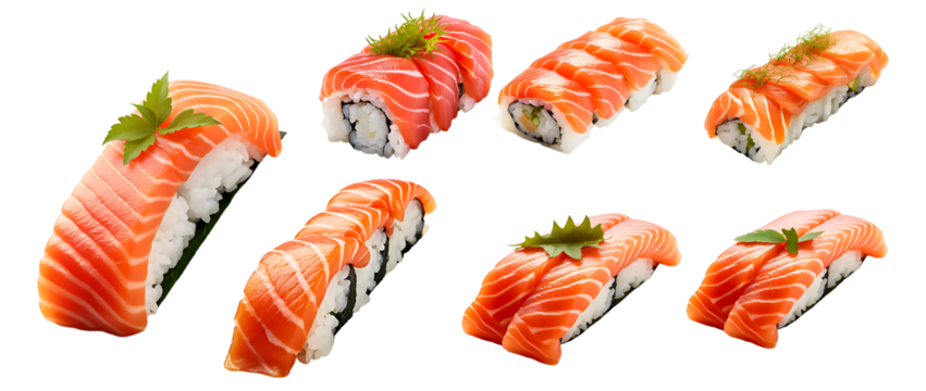 Multiple sushi with salmon isolated on transparency background png - Powered by Adobe