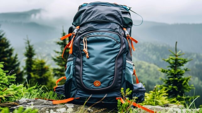Adventure backpack on mountain s edge, illustrating hacking concept and travel exploration