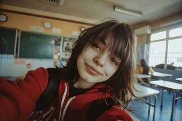 the blissful moment as an Asian student teen girl snaps a selfie in a tranquil classroom setting, radiating relaxation and joy through her cheerful expression.