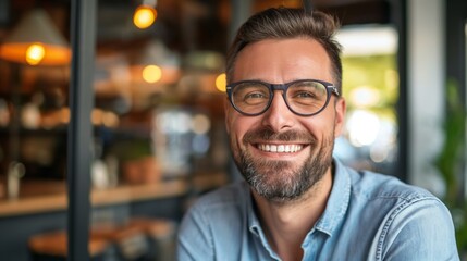 Obraz premium Smiling man with glasses sitting in a cozy cafe during the day.