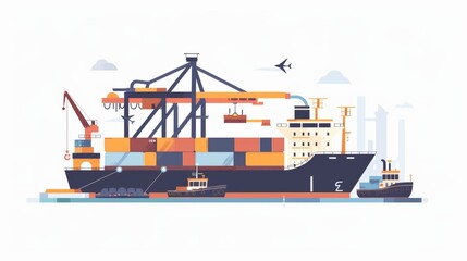 Fototapeta premium Colorful Isometric Illustration of Cargo Ship Loading at Port