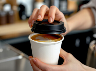 Close up of hands opening a black plastic lid on a white paper cup containing a latte macchiato coffee