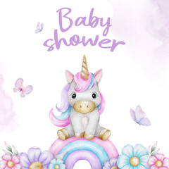 Unicorn sitting on rainbow, butterflies and flowers. Cute invitation to party for girls. Greeting card with fairytale pony. Template invitation for newborns party. Hand drawn watercolor illustration.