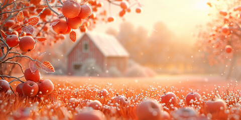 Apple tree, farm autumn landscape with apple fruits. Vintage harvest background with barn, orchard, fall landscape. Autumn banner in peach fuzz palette thanksgiving country field. Rural garden