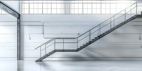 Design of an industrial platform with raw material aesthetic featuring an iron staircase. Concept Industrial Platform Design, Raw Material Aesthetic, Iron Staircase Integration