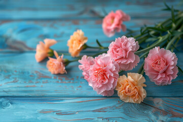 Elegant Pink Carnations on a Blue Wooden Background A Serene Floral Display