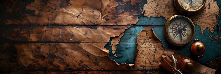 Vintage Concept with Weathered Map and Compasses