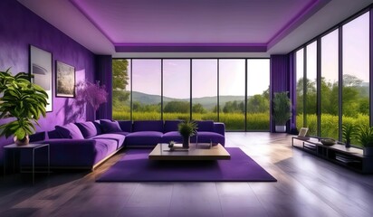 A living room with purple couches and a table with a view of mountains and nature background