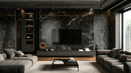 modern living room with black and white marble wall, TV on the stone wall, sofa in front of it,...