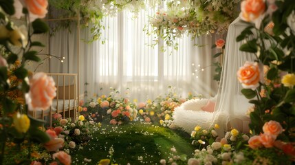 a wide angle view of a newborn's bed decorated with a plush mattress and decorated with colorful...