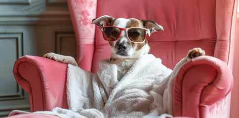 Relaxed Canine in Stylish Shades on Pink Armchair