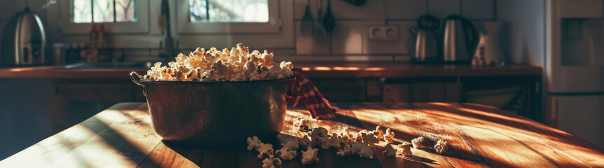 Rustic Iron Pot Full of Fresh Popcorn on a Wooden Table
