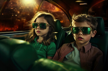 Two children sitting in the car and having green glasses 