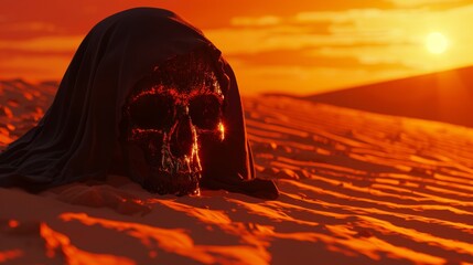 Skull Cloaked in Darkness Against Desert Sunset
