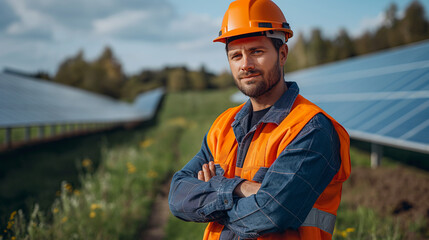 Portrait of a worker standing in front of a solar panel