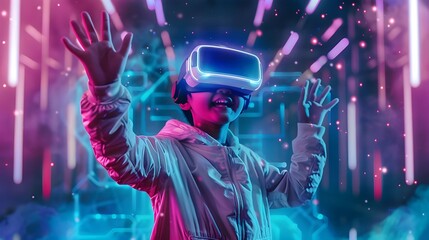Future digital technology metaverse game and entertainment, Teenager having fun play VR virtual reality goggle, sport game 3D cyber space futuristic neon colorful background 