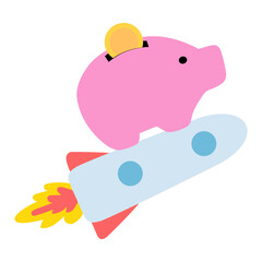 Piggy bank on rocket. Financial concept. Flat design. Vector illustration on white background.