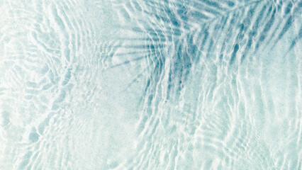 transparent rippled water surface with palm leaf shadow at the sand beach on a summer day, abstract...