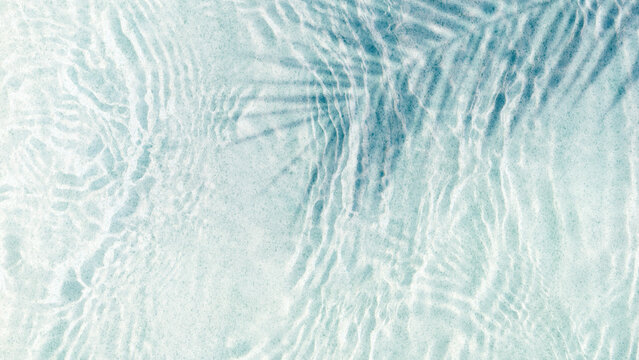 transparent rippled water surface with palm leaf shadow at the sand beach on a summer day, abstract idyllic beach vacation background from above with copy space