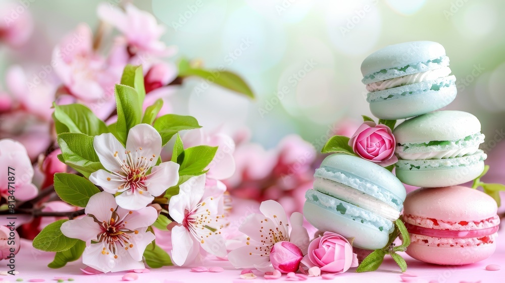 Poster vibrant macaroons against eastern pattern backdrop with abundant space for text placement