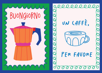 Hand-drawn Moka Pot espresso machine poster in vibrant colors. Doodle-style coffee cup with decorative border. Includes 